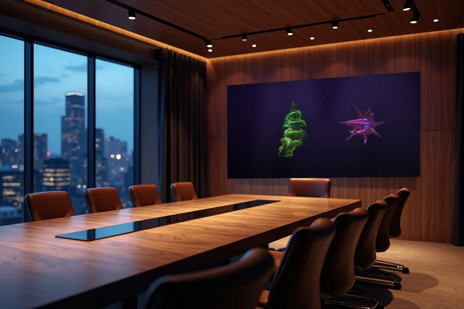 Illustrative placement: a ProtoTank on an office boardroom wall at blue hour
