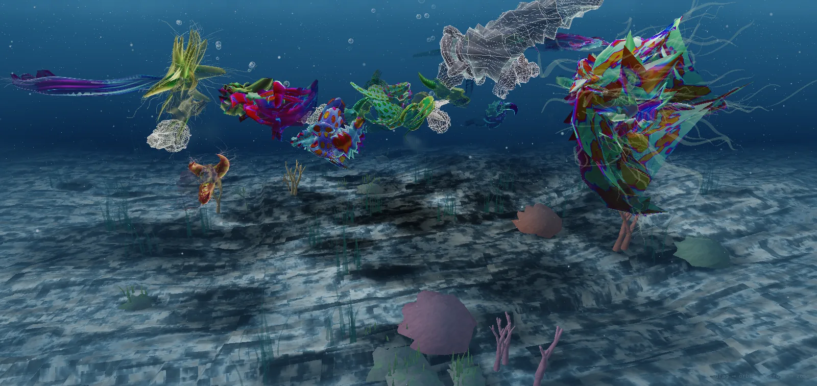 A still view of the ProtoWorld ecosystem: organisms of different body plans above sand, grasses and coral
